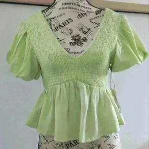 MIDNIGHT SKY | Women's Bright Green V-Neck Open Back Smocked  Blouse